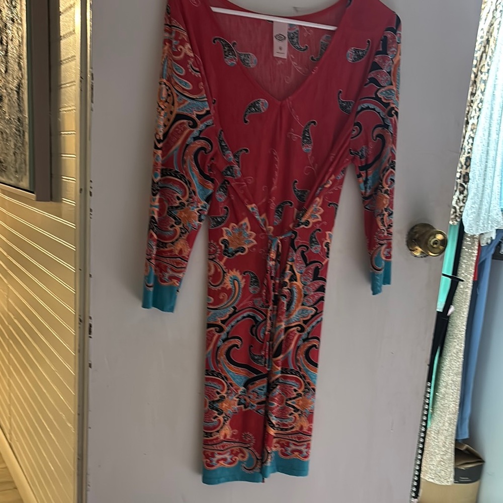 PINK Victoria's Secret Red and Blue Paisley Long Sleeve Dress